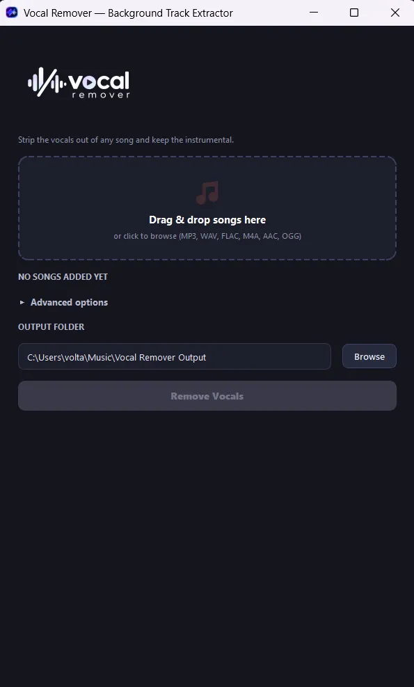 Vocal Remover main window with an empty drag-and-drop zone
