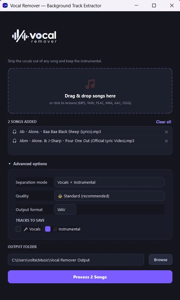 Two songs queued with advanced options open: separation mode, quality, format and tracks to save