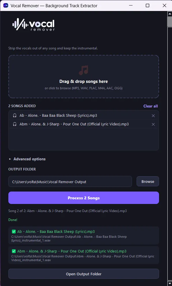 Batch finished, with a green check and output path for each processed song